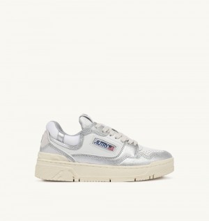 Autry Clc Low Sneakers Silver-tone Leather Sneakers Donna Bianche Argento | 59647-ODIL