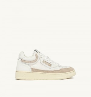 Autry Open Mid Sneakers Leather Mesh Sand Suede Sneakers Donna Bianche Beige | 31526-XBFP