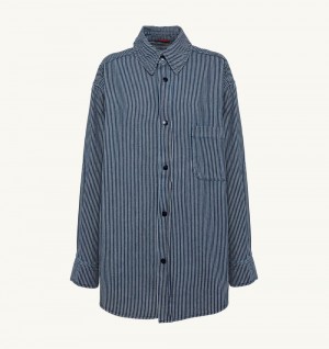 Autry Oversized Fit Striped Shirt Cotton Denim Top Donna Bianche Blu | 17069-REHZ