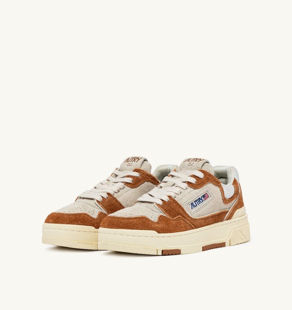 Autry Clc Low Sneakers Cream Terracotta Leather Mesh Sneakers Uomo Marrone | 40318-YGHP