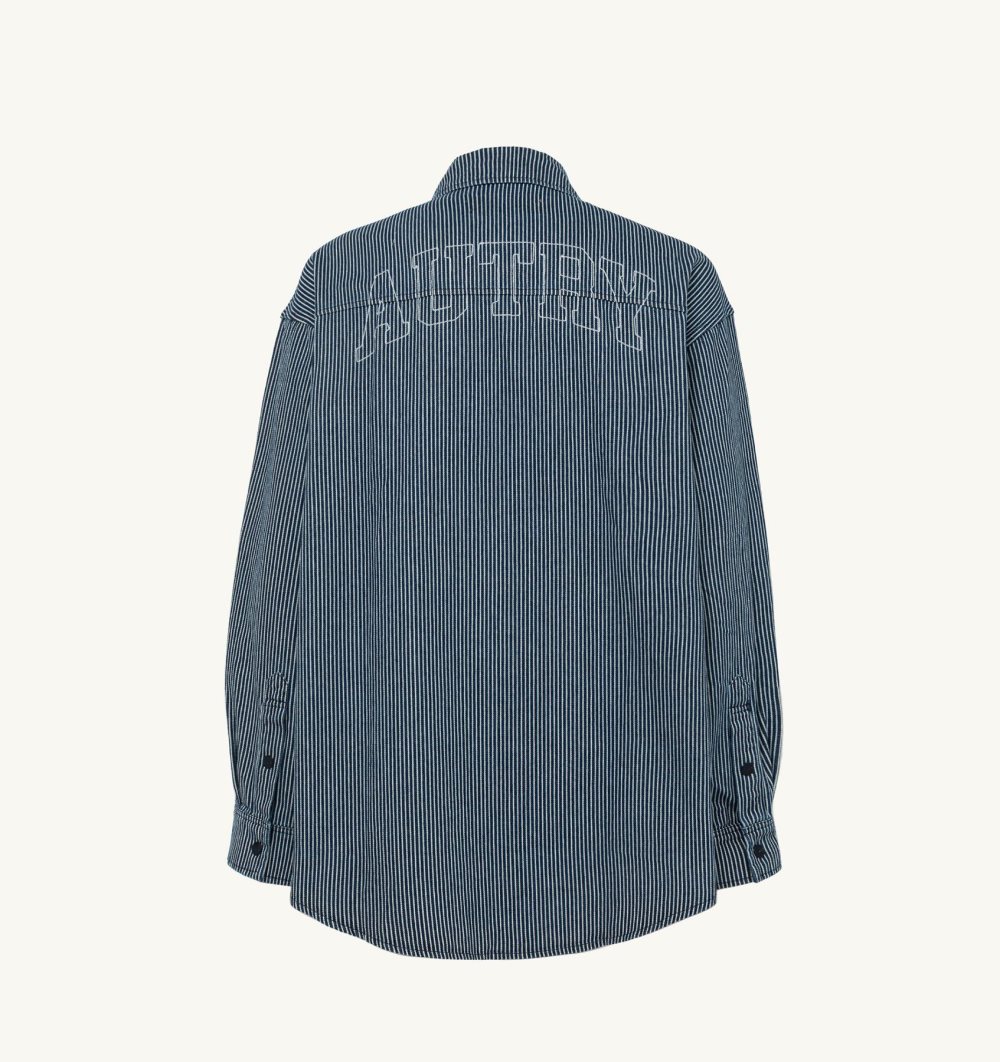 Autry Oversized Fit Striped Shirt Cotton Denim Top Uomo Bianche Blu | 92310-YFKM