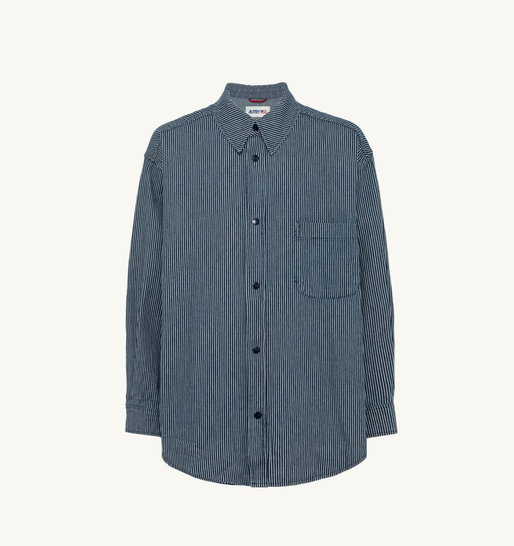 Autry Oversized Fit Striped Shirt Cotton Denim Top Uomo Bianche Blu | 92310-YFKM